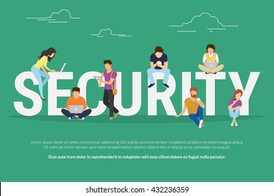 Security concept illustration of young various people using mobile gadgets such as tablet pc and smartphone via confidential and safe internet tenologies. Flat design of people near letters security