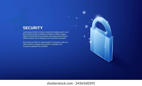 Security concept with isometric shiny padlock on blue background. Protecting your applications. Vector for website or banner.