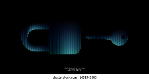 Security concept key and padlock line pattern blue color isolated on black background. Vector illustration technology, digital, security.