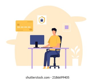 Security concept. Man programmer sitting at computer and coding database security software. Protecting data from stealing, preventing financial fraud or crime in company vector illustration
