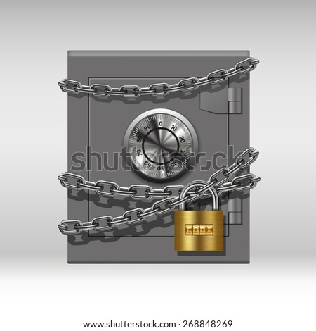 Security concept with metal safe, chain and padlock. Vector illustration
