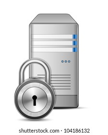 IT security concept. Server and padlock. Vector Illustration of protected computer server