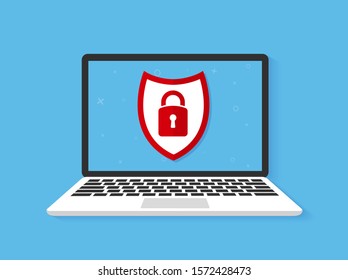 Security concept. Shield on laptop screen. Flat vector