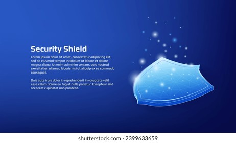 Security concept with shiny polygonal isometric shield and copy space on dark blue background. Protection applications. Vector illustration for website or banner.