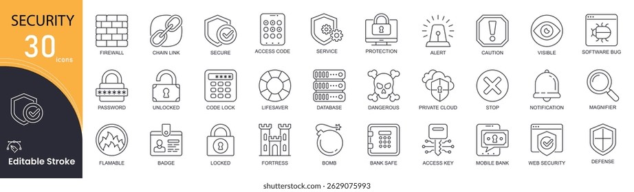 Security concept simple line icons set. Pack outline pictograms of insurance, protection, firewall, secure, defense, database, private cloud and other. Editable stroke . Outline icons