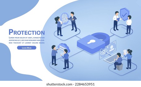 Security concept and security technology. Scientists test and experiment to develop and improve safety technology. Isometric vector illustration.