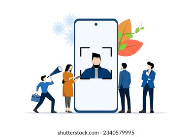 security concept using facial recognition. Face recognition using laser concept ID, man holding mobile phone in his hand and scanning app face, modern technology. flat vector illustration.