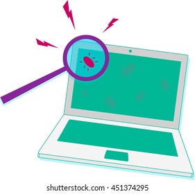 Security concept: vulnerability has been discovered. Depicted laptop with virus found. The threat of personal data and security