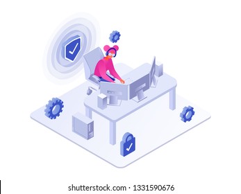 Security concept. Woman using pc 3d isometric vector illustration isolated on white