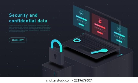 Security and confidential data. Large padlock next to laptop. Authorization and authentication, antivirus and hack prevention, safety. Poster or banner in futuristic style. Neon vector illustration