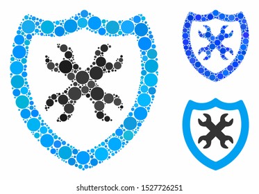 Security configuration mosaic of round dots in different sizes and color tones, based on security configuration icon. Vector round dots are grouped into blue composition.