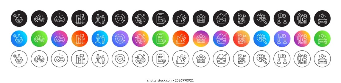 Security confirmed, Flags and Search flight line icons. Round icon gradient buttons. Pack of Fire energy, Launch project, Wholesale goods icon. Ice cream, Medical tablet, Feminism pictogram. Vector