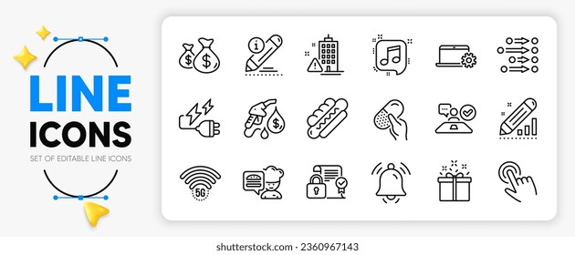 El contrato de seguridad, el servicio de bloc de notas y los iconos de línea WiFi de 5g para la aplicación incluyen advertencia de edificio, Chef, icono delgado del contorno de nota musical. Campana de notificación, bolsas de monedas, icono Editar pictograma. Vector