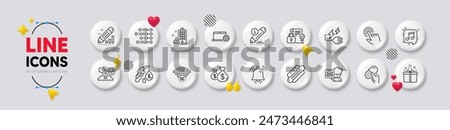 Security contract, Notebook service and 5g wifi line icons. White buttons 3d icons. Pack of Building warning, Chef, Musical note icon. Notification bell, Coins bags, Edit pictogram. Vector