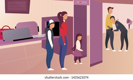 Security control in airport vector illustration. Passengers in queue pass metal detector frame. Guardian inspecting tourist with scanning equipment. Luggage on conveyor belt moves to x-ray scanner