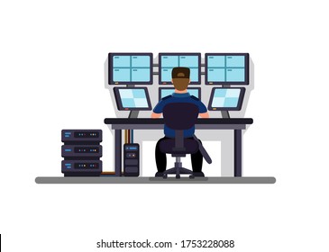 Security in Control CCTV Room, Building Security Guard Sitting and Watching Camera Monitor from back view. Concept Cartoon Flat illustration Vector on white background