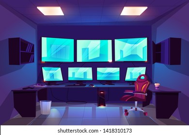 Security Control Cctv Room Interior With Multiple Monitors Displaying Video From Surveillance Cameras With Outside And Inside Monitoring Views. Guardian Center With Screens Cartoon Vector Illustration