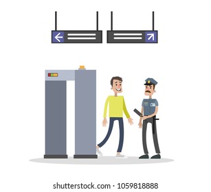 Security control gate with officer checking the passenger on white.
