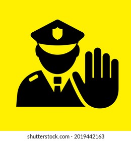 Security control icon, stop police sign isolated on yellow background, access denied concept with policeman agent avatar. Person man character in uniform