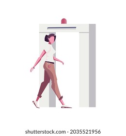 Security control icon with woman going through metal scanner flat vector illustration