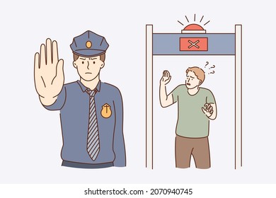 Security control and police concept. Young serious man policeman standing and making stop sign with red light over passenger in security cabin vector illustration 