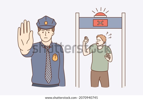 Security control and police\
concept. Young serious man policeman standing and making stop sign\
with red light over passenger in security cabin vector illustration\
