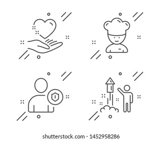 Security, Cooking chef and Hold heart line icons set. Fireworks sign. Person protection, Sous-chef, Care love. Party pyrotechnic. People set. Line security outline icon. Vector