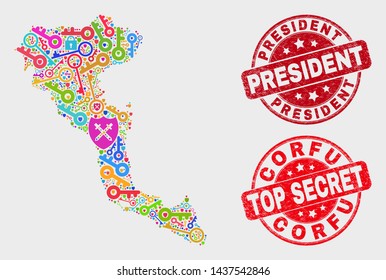 Security Corfu Island map and seal stamps. Red rounded Top Secret and President distress stamps. Colored Corfu Island map mosaic of different shield items. Vector collage for security purposes.