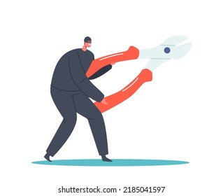 Security, Crime Concept. Burglar Character in Black Costume and Mask Hold Huge Cutters Breaking Apartment Or Office To Steal Something Isolated on White Background. Cartoon People Vector Illustration