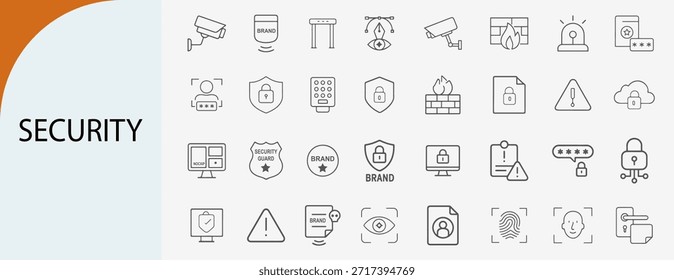 security and cyber protection line icon set, CCTV surveillance and biometric data safety symbols, flat vector illustration