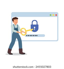 seguridad y concepto de seguridad cibernética. Joven con llave para desbloquear la Contraseña, el hogar inteligente, la seguridad, la protección de datos.