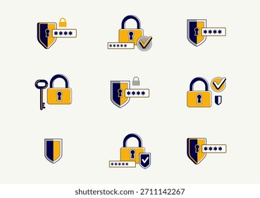 Security and cybersecurity vector detailed icons set with shields.
