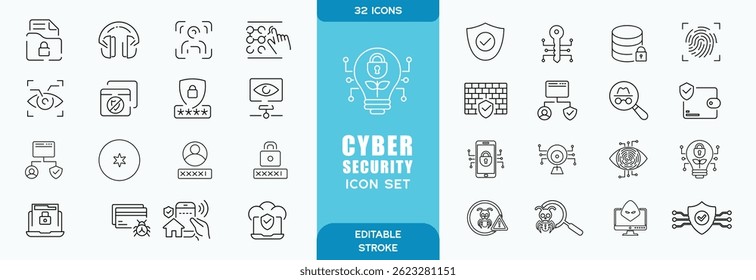 Segurança, análise de dados, computação, ai, conjunto de ícones relacionados à inovação. Traçado editável