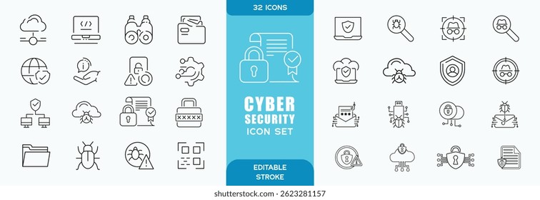 Security, data analysis, computing, ai, innovation related icons set. Editable stroke