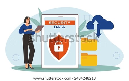 Security data concept. Woman stands with tablet near electronic storage or archive. File management and organization. Protection of personal information. Cartoon flat vector illustration