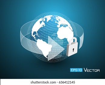 Security Data Design, Vector Illustration Graphic. Including Sphere With World Map, Binary Code, Arrow , Lock And Blue Color. Used A Clipping Mask .