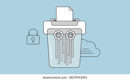 Security and data privacy concept showing a document shredder, a padlock, and a cloud on a blue background.
