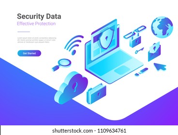 Segurança Data Protection Antivirus Anti spam ilustração. Laptop Computer com Cloud Folder Mail Wifi Link Pesquisar ícones estilo isométrico vetor.