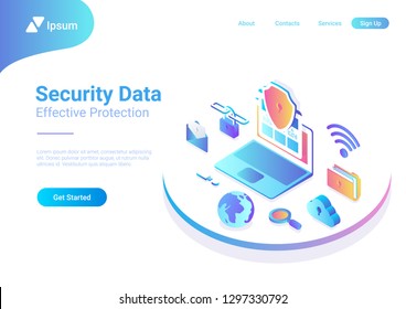 Security Data Protection Antivirus Anti spam illustration. Laptop Computer with Cloud Folder Mail Wifi Link Search icons isometric style vector