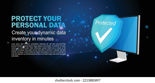 Concepto de protección de datos de seguridad. Concepto de tecnología de seguridad digital en Internet para el fondo. Bloqueo, escudo, ordenador, seguridad de datos, protección. Red de protección de conceptos isométricos. Vector.