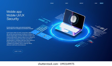 Security Data Protection concept on blue laptop. Isometric digital protection mechanism, system privacy.  Application of pc and smartphone with business graph and analytics data. 