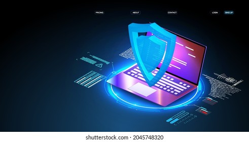 Concepto de protección de datos de seguridad en laptop azul. Mecanismo de protección digital isométrica, privacidad del sistema. Bloqueo digital. Administración de datos. Seguridad cibernética e información o protección de la red. 