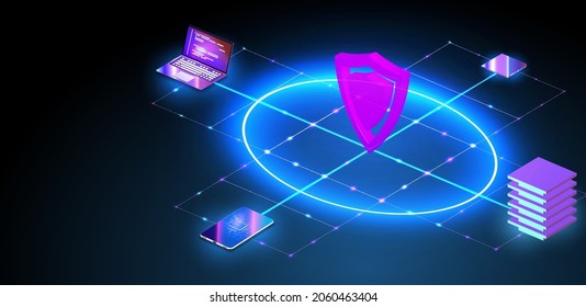 Security Data Protection concept on blue laptop. Isometric digital protection mechanism, system privacy.  Cyber security and information or network protection. Future technology web services.