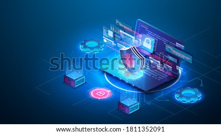 Security Data Protection concept on blue laptop. Isometric digital protection mechanism, system privacy. Window with user authorization. Data secure. Safety internet technology, data secure. Vector