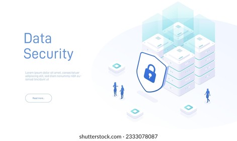 Security data protection isometric. Big data. Cloud technology. Cloud database, web hosting server room. Isometric database protection concept. Big data flow processing data protection concept.