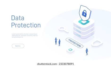 Security data protection isometric. Big data. Cloud technology. Cloud database, web hosting server room. Isometric database protection concept. Big data flow processing data protection concept.