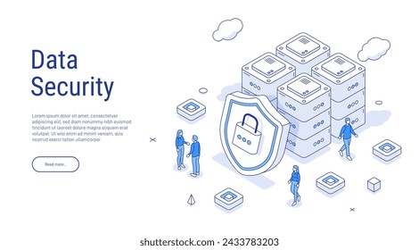 Sicherheit Datenschutz isometrisch. Big Data. Cloud-Technologie. Cloud-Datenbank, Webhosting-Serverraum. Isometrisches Datenbankschutzkonzept. Datenschutzkonzept für Big Data Flow Processing.