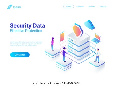 Security Data Protection Isometric Flat Vector Illustration Concept. People Works With Server Laptop Mobile Smartphone In Cloud Network.