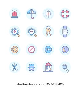 Security And Data Protection - Modern Line Design Style Icons Set In Blue Round Frame. Umbrella, Magnifying Glass, Keys, Electronic Watch, Refresh And Forbidden Signs, Night, Scissors, Alarm