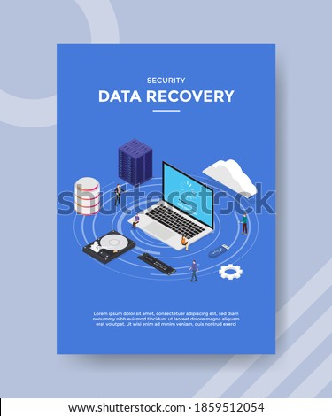 security data recovery people standing sitting on laptop sever big data hard disk ram memory cloud for template of banners, flyer, books cover, magazines